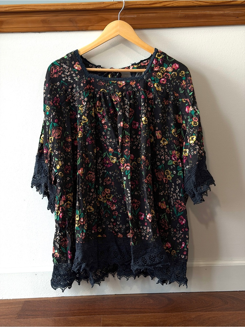 Free People Black Floral Lace-Trim Tunic